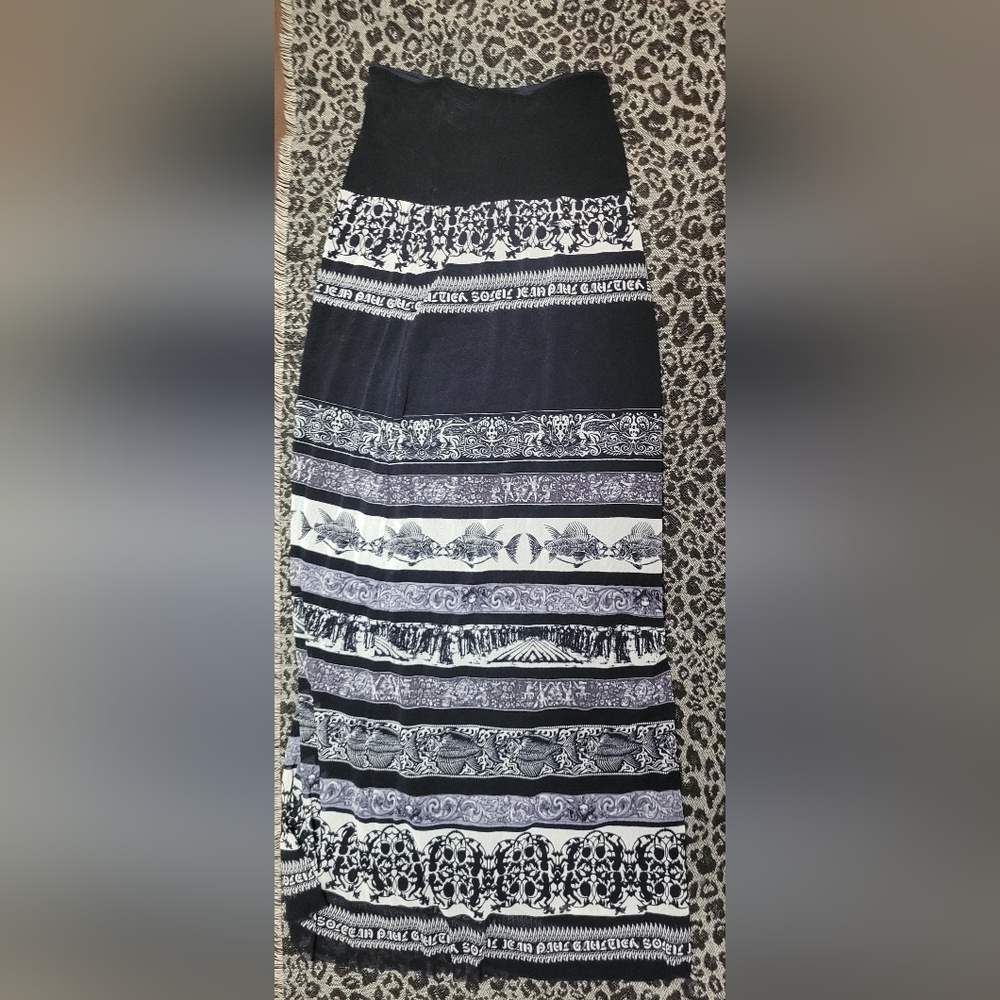 Rare Vintage Jean Paul Gaultier Black Fish Fossil Print Mesh Long Skirt